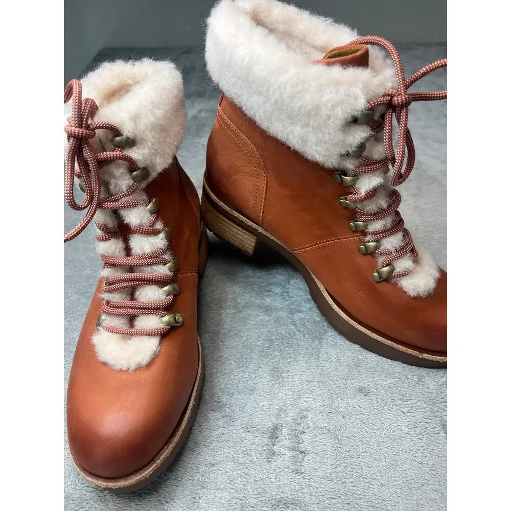 Kork-Ease Tillery Tan Leather Shearling Lace Up Hiker‎ Boots Brown 8M K0358708